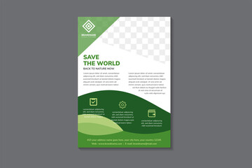Poster - Save the world flyer design template. multicolored green on element. white on background. triangle space for photo collage. go green vertical layout poster. nature campaign leaflet.