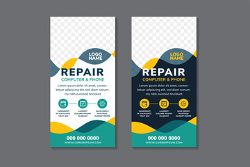 Wall Mural - set of repair computer and home banner design template. blue, green and yellow on wave element. white and dark blue on background. space for photo collage. roll up vertical layout poster leaflet.