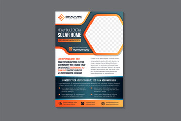 Wall Mural - Built solar energy for home and apartment flyer design template. orange and blue on element. white on background. hexagon space for photo collage. Save energy vertical layout poster leaflet.