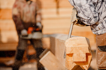 Poster - Carpenter worker with log wooden. Woodwork job, house frame building