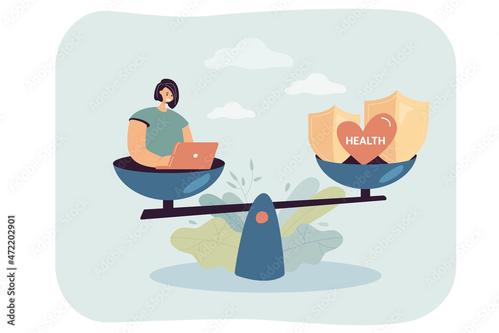 Female employee in stress doing work and health on unbalanced scales ...