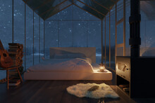 3d Rendering Of Cozy Hut With Bed And Glass Panels At Snow Covered Forest