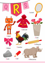 English Alphabet With Cartoon Cute Children Illustrations. Kids Learning Material. Letter R. Illustrations Robot, Racket, Rose, Rolling Pin, Rooster, Red, Rhino.
