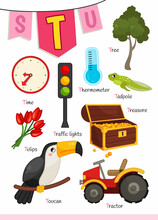 English Alphabet With Cartoon Cute Children Illustrations. Kids Learning Material. Letter T. Illustrations Traffic Light, Tree, Time, Tulips, Thermometer, Treasures, Toucan, Tractor.
