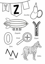 English Alphabet With Cartoon Cute Children Illustrations. Kids Learning Material. Letter Z. Illustrations Zeppelin, Zucchini, Zebra. Outline Collection.
