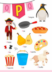 Wall Mural - English alphabet with cartoon cute children illustrations. Kids learning material. Letter P. Illustrations pirate, penguin, pie, popcorn, palette, poodle, pear.
