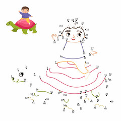 Wall Mural - Educational game for kids. Dot to dot game for children. Cute boy rides a turtle.
