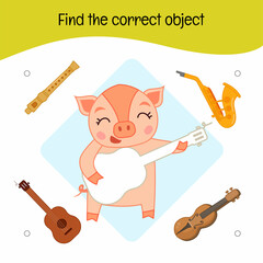 Wall Mural - Educational  game for children. Find the correct object. Kids activity with cute pig.