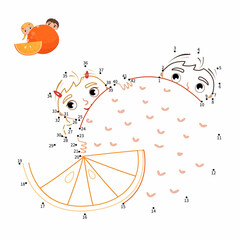 Sticker - Educational game for kids. Dot to dot game for children.Cute boy and girl hiding behind a big orange.