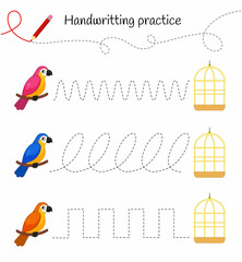 Poster - Handwriting practice sheet. Basic writing. Educational game for children. Help the parrots get to the cages.