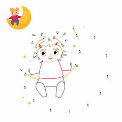 Wall Mural - Educational game for kids. Dot to dot game for children. Cute little girl sitting on a moon.
