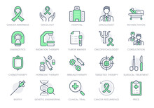 Cancer Treatment Line Icons. Vector Illustration Include Icon - Chemotherapy, Radiology, Doctor, Hormone, Mri Diagnostic Outline Pictogram For Oncology Clinic. Green Color, Editable Stroke