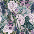 Tropical floral seamless pattern. Background with white roses, orchids and green exotic leaves