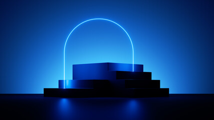 Poster - 3d render, blue neon background with abstract geometric shapes and round arch glowing with blue neon