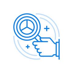 Poster - Business analytics vector line icon. Pie chart with marketing information data hand holds creative infographic.