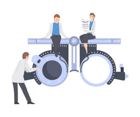 Sticker - Ophthalmology with Health Care Professional Near Huge Refractometer Engaged in Eye Examination and Sight Test Vector Illustration