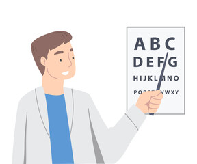 Wall Mural - Ophthalmology with Man Health Care Professional Pointing to Optotype Vector Illustration