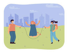 Happy Children Playing With Jump Rope Outside Together. Girl Jumping Over Skipping Rope Flat Vector Illustration. Childhood, Friendship, Leisure Concept For Banner, Website Design Or Landing Web Page