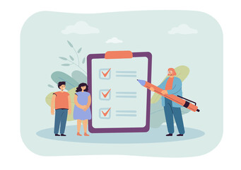 Poster - Female teacher with huge pen checking tasks from children. Woman and kids standing next to checklist flat vector illustration. Education concept for banner, website design or landing web page