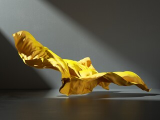 Wall Mural - 3d render. Abstract fashion background with yellow fabric cloth falling on the floor inside the dark room illuminated with ray of light. Silk textile is blown away by the wind