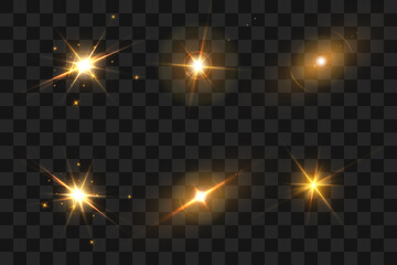 Realistic collection of bright light effects, sparkling stars on transparent background for vector illustration and design.