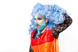 © VISTA by Westend61 - Drag queen with mouth open and hand in wig against white background