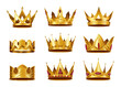 Collection of realistic golden crowns. Crowning headdress for king or queen. Royal noble aristocrat monarchy symbols. Monarch heraldic decorations