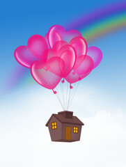 Poster - flying house with balloons