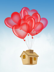 Poster - home with heart shaped balloons