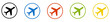 Bunter Banner mit 5 farbigen Icons: Flugzeug, Flughafen, Start oder Abflug