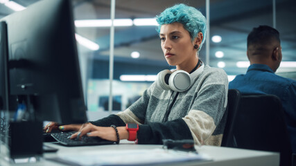 Poster - In Diverse Multi-Ethnic Office: Portrait of Young Stylish Woman Working on Desktop Computer. Non-Binary Person Creating Modern Content, Do Contemporary Project Design, Create Colorful Marketing