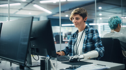 Aufkleber - Diverse Body Positive Office: Portrait of Motivated Woman with Disability Using Prosthetic Arm to Work on Computer. Professional with Advanced Thought Controlled Body Powered Myoelectric Bionic Hand