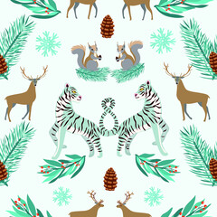  Christmas seamless pattern with animals, tigers, squirrels and reindeers. Christmas pine branches, berries, pine cones. Vector.