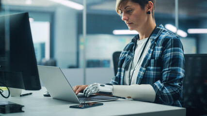 Aufkleber - Diverse Body Positive Office: Portrait of Motivated Woman with Disability Using Prosthetic Arm to Work on Computer. Professional with Futuristic Thought Powered Myoelectric Bionic Hand