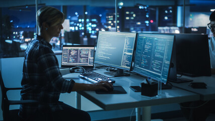 Aufkleber - Night Office: Programmer With Disability Using Prosthetic Arm to Work on Computer Keyboard. Swift and Natural Use of Myoelectric Bionic Hand To Type Code for Software at Night.