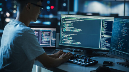 Poster - Night Office: Young Handsome Man in Working on Desktop Computer. Digital Entrepreneur Typing Code, Developing Modern Software, e-Commerce App Design, Developing of e-Business. Over Shoulder