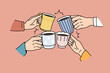 © Dzianis Vasilyeu - Close up of diverse friends cheers with mugs drink coffee together in morning. People cling cups enjoy tea ceremony, relax eating drinking beverages. Non alcoholic celebration. Vector illustration.