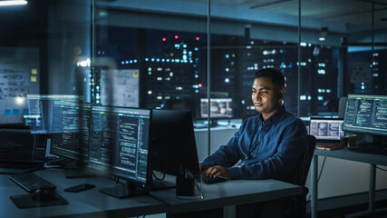 Poster - Night Office: Portrait of Handsome Indian Man in Working on Desktop Computer. Digital Entrepreneur Typing, Creating Modern Software, e-Commerce App Design, Programming. Stylish Authentic Person