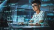 © Gorodenkoff - Shot with Visualisation of Running Script Code on Foreground. Young Japanese Man Working on Desktop Computer at Night Office. Digital Entrepreneur Creating Modern Software, e-Commerce App Design.