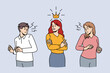 Jealous colleagues envy successful female coworker with crown on head. Confident motivated businesswoman make business partners angry. Rivalry and competition. Vector illustration.
