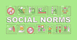 Fototapeta  - Social norms word concepts banner. Community culture rules. Infographics with linear icons on green background. Isolated creative typography. Vector outline color illustration with text