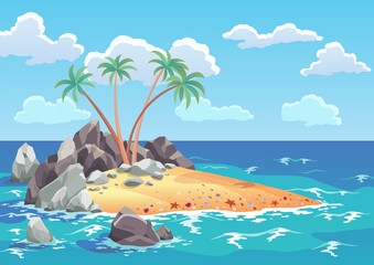 Pirate ocean island in cartoon style. Palm trees on uninhabited sea island. Tropical landscape with sandy beach and tropical nature