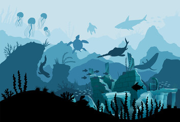 Underwater ruins of the old city. Silhouette of blue sea background. Natural underwater seascape, marine wildlife. Coral reef with fish and flooded part of the old town