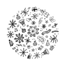 Christmas Doodle Collection Of Winter Decoration. Black White Trees, Snowflakes, Clothes, Flower In Circle. Set Of Hand Drawn Elements For Greeting Card Or Design Print. Vector Isolated Illustration.