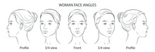 Vector Woman Face. Five Different Angle View. Set Of Head Portraits Young Girl. Three Dimension Front, Profile, Three-quarter, Turn Of. Close-up Realistic Line Sketch.