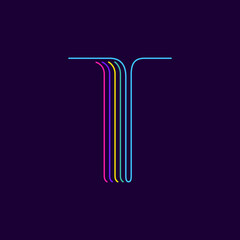 Canvas Print - T letter logo in neon light style. Six thin lines colored font.