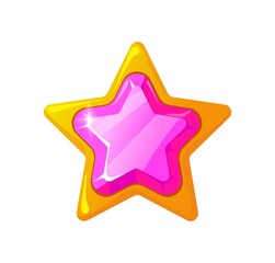 Wall Mural - Precious pink star. Award in game, congratulation badge, medals trophies token, cartoon vector illustration