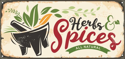 herbs and spices retro store sign with various aromatic plants. vintage poster with mortar and pestl