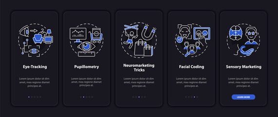 Neuroscience techniques onboarding mobile app page screen. Facial coding walkthrough 5 steps graphic instructions with concepts. UI, UX, GUI vector template with linear night mode illustrations