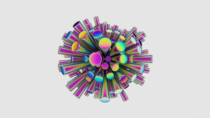 Poster - Abstract spherical composition consisting of retractable holographic cylinders rotating counterclockwise on a white background. Seamless loop.